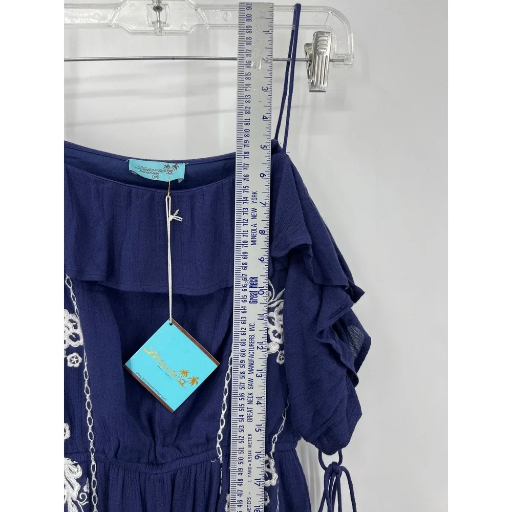 Letarte Maui Hawaii Navy Blue Embroidered Off Shoulder Ruffle Dress Womens‎ XS